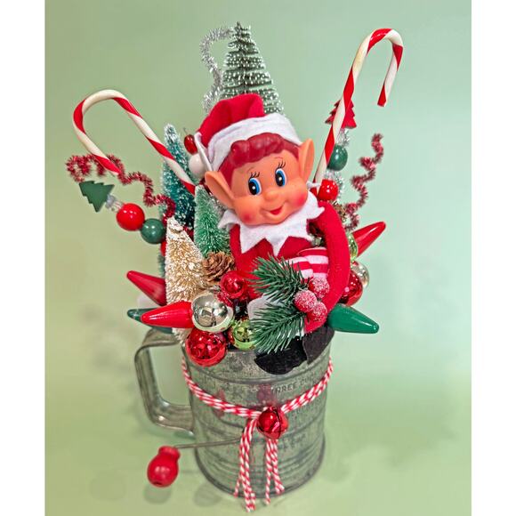 Vintage Knee Hugger Pixie Elf Christmas Assemblage in Flour Sifter Holiday Decor - Picture 1 of 8